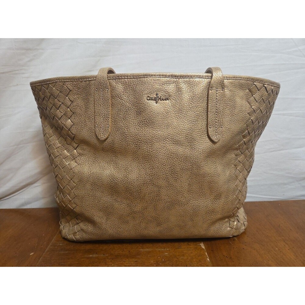 Cole Haan “Victoria” Woven Leather Gold Metallic Champagne Large Tote Bag Purse